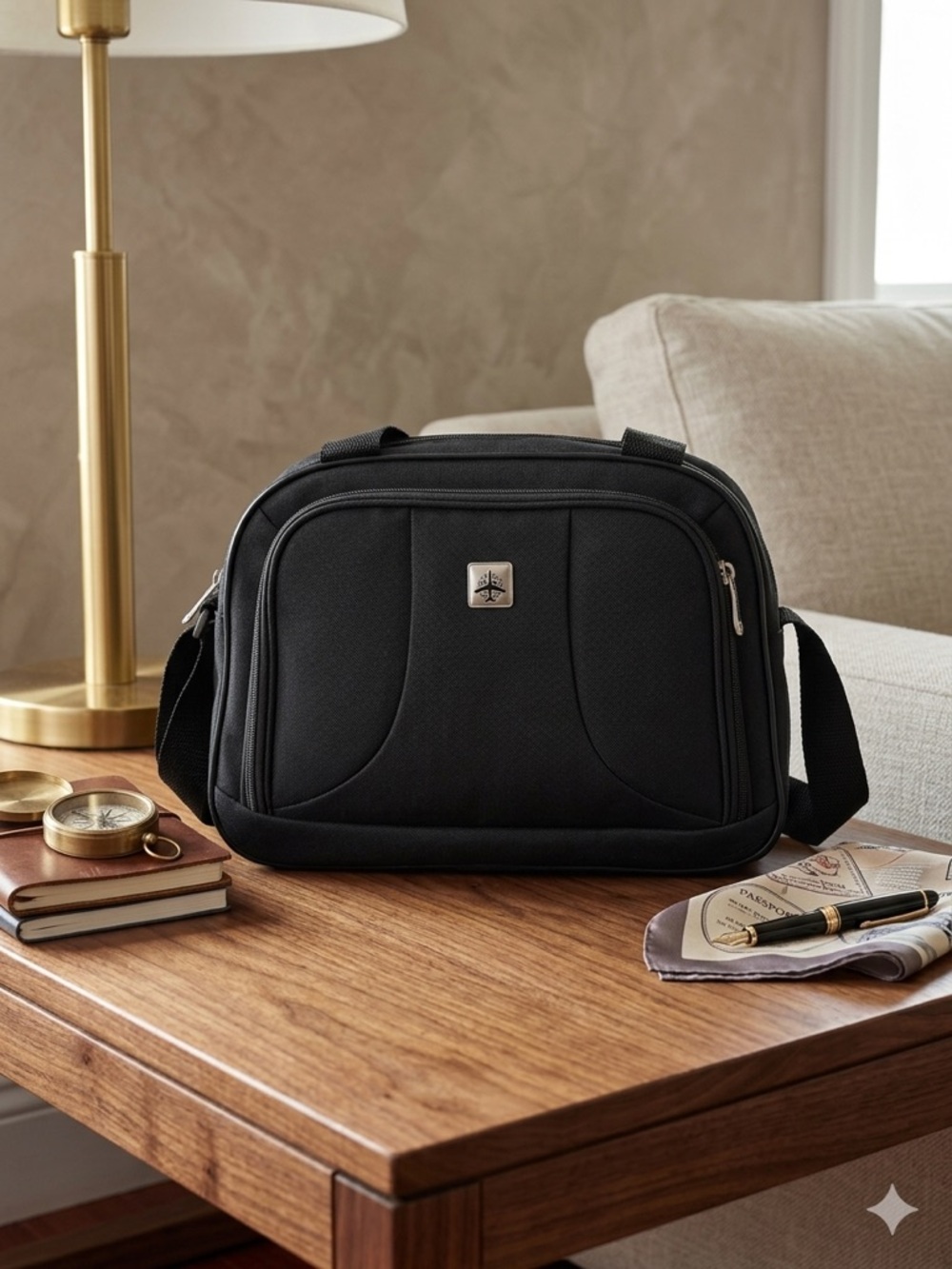 Men’s minimalist black carrying bag for travel or everyday use. Airplane logo.